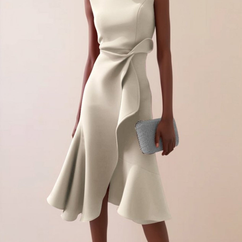 Women'S Sleeveless Midi Dress, Round Neck with Side Tie Knot Detail, Ruffle Wrap Flounce Hem, Elegant A-Line Silhouette, Perfect for Weddings, Cocktail Parties, Evening Events And Special Occasions, Chic And Sophisticated