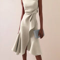 Women'S Sleeveless Midi Dress, Round Neck with Side Tie Knot Detail, Ruffle Wrap Flounce Hem, Elegant A-Line Silhouette, Perfect for Weddings, Cocktail Parties, Evening Events And Special Occasions, Chic And Sophisticated