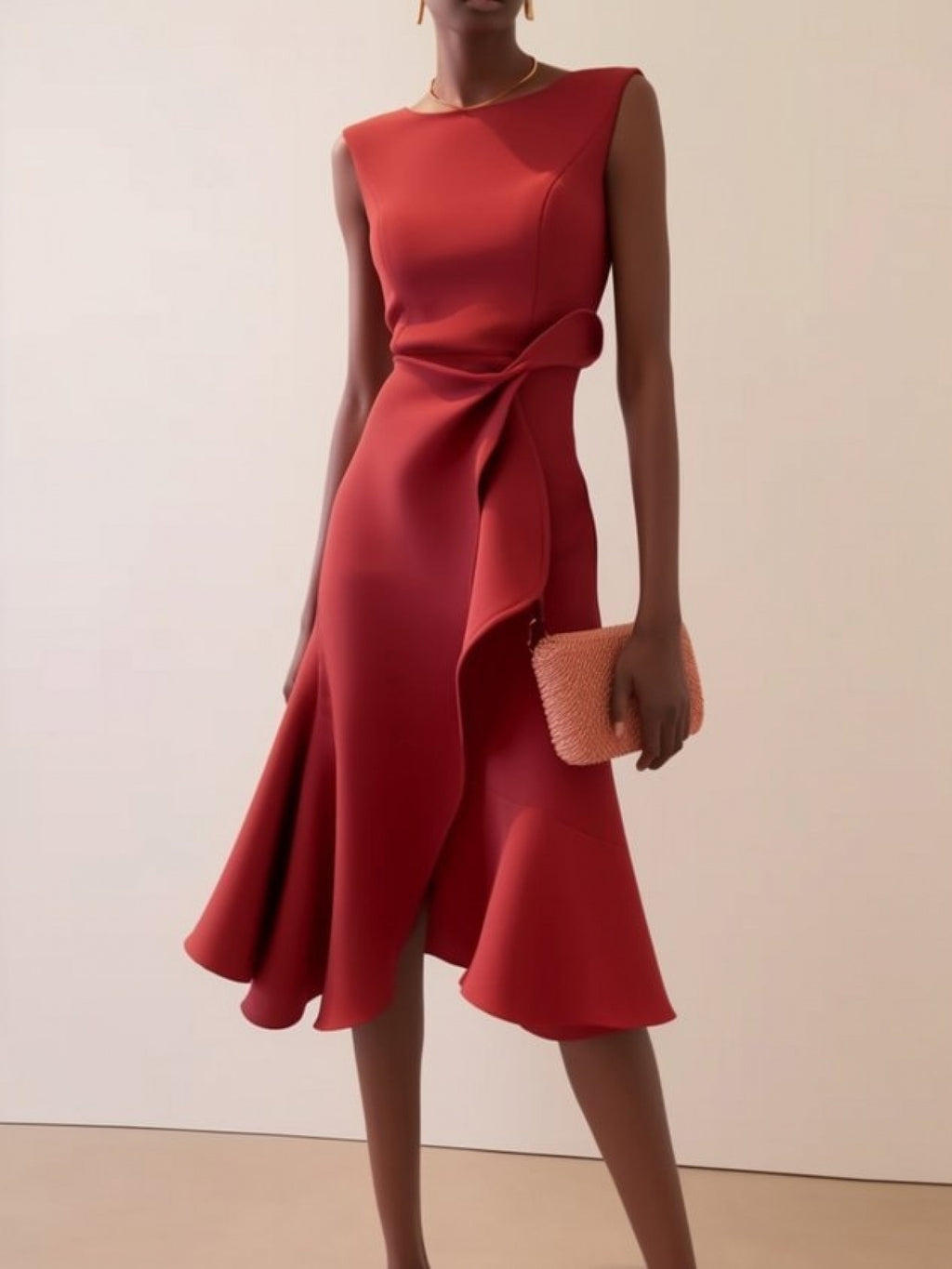 Women'S Sleeveless Midi Dress, Round Neck with Side Tie Knot Detail, Ruffle Wrap Flounce Hem, Elegant A-Line Silhouette, Perfect for Weddings, Cocktail Parties, Evening Events And Special Occasions, Chic And Sophisticated
