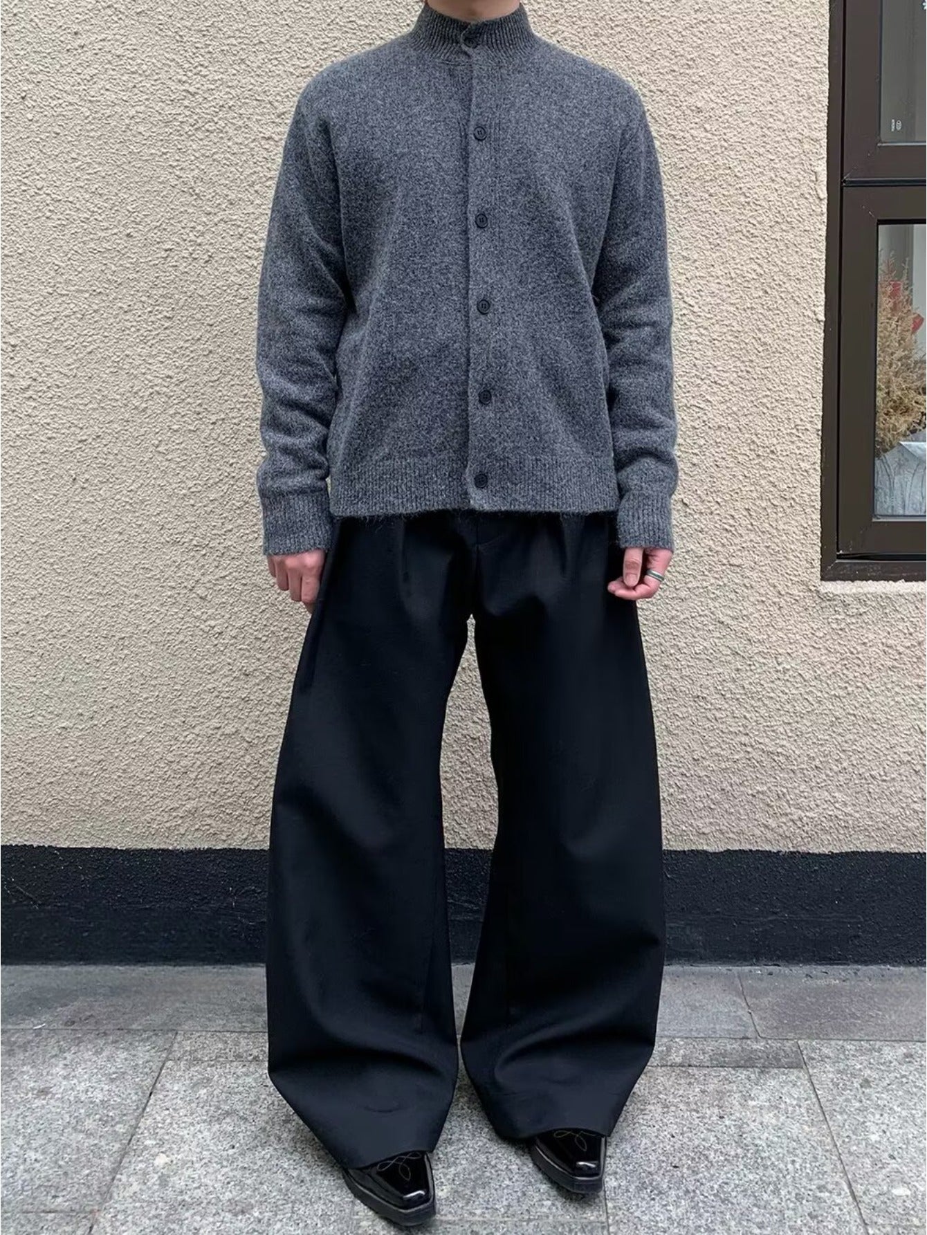 Teen Youth Men Retro Knit Cardigan Dark Gray Cashmere Mock Neck Cleanfit Style Loose Fit Versatile Minimalist Knit Jacket for Commute And Daily Outfits