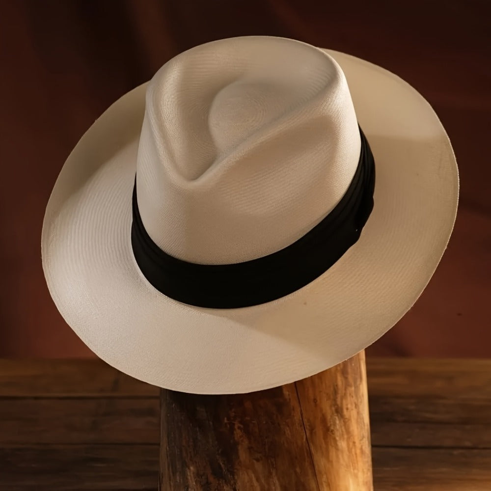 Hand-Woven Straw Panama Hat for Men & Women - Wide Brim Fedora with Ribbon Bow, Suitable for Beach, Travel, Weddings, Formal Events | Straw Sun Hat for Outdoor, Casual Wear, Year-Round Versatile Unisex Accessory