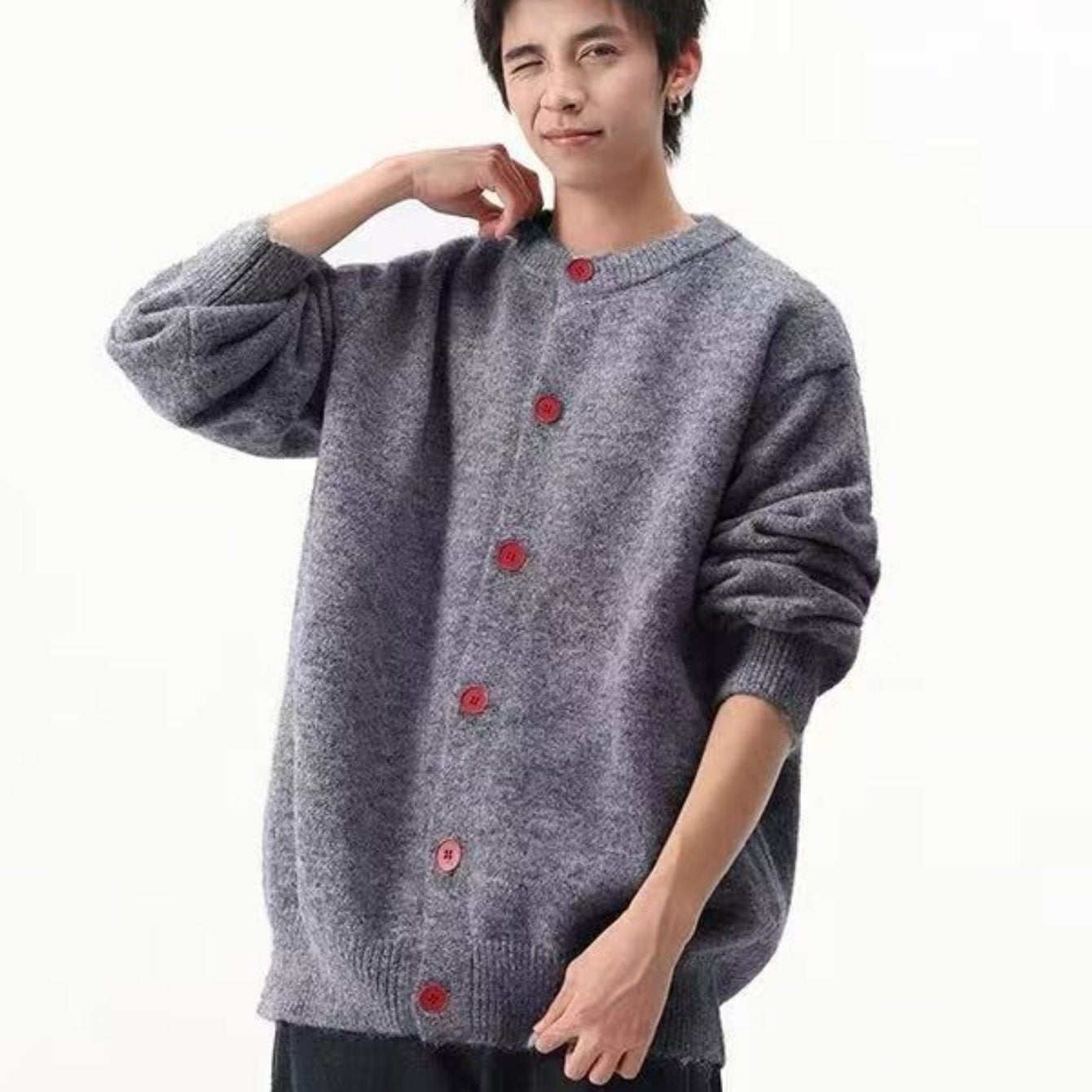 Men' Vintage Button-Front Cardigan Sweater Jacket - Mustard Yellow Knit Jacket with Rust Red Buttons, Wide Fit Round Neck Suitable for Fall\u002FWinter, Smart Casual for Cafe & Daily Wear, Christmas Outfits, Non- Cozy Outerwear
