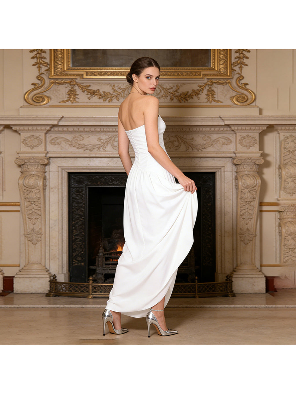 Women'S White Strapless Maxi Dress, Sleeveless Tube Top Ruched Asymmetrical Dress, Elegant High Waist Draped Bodycon Gown, Formal Evening Party Dress, Perfect for Wedding Guest, Cocktail, Bridesmaid, Prom And Special Occasions