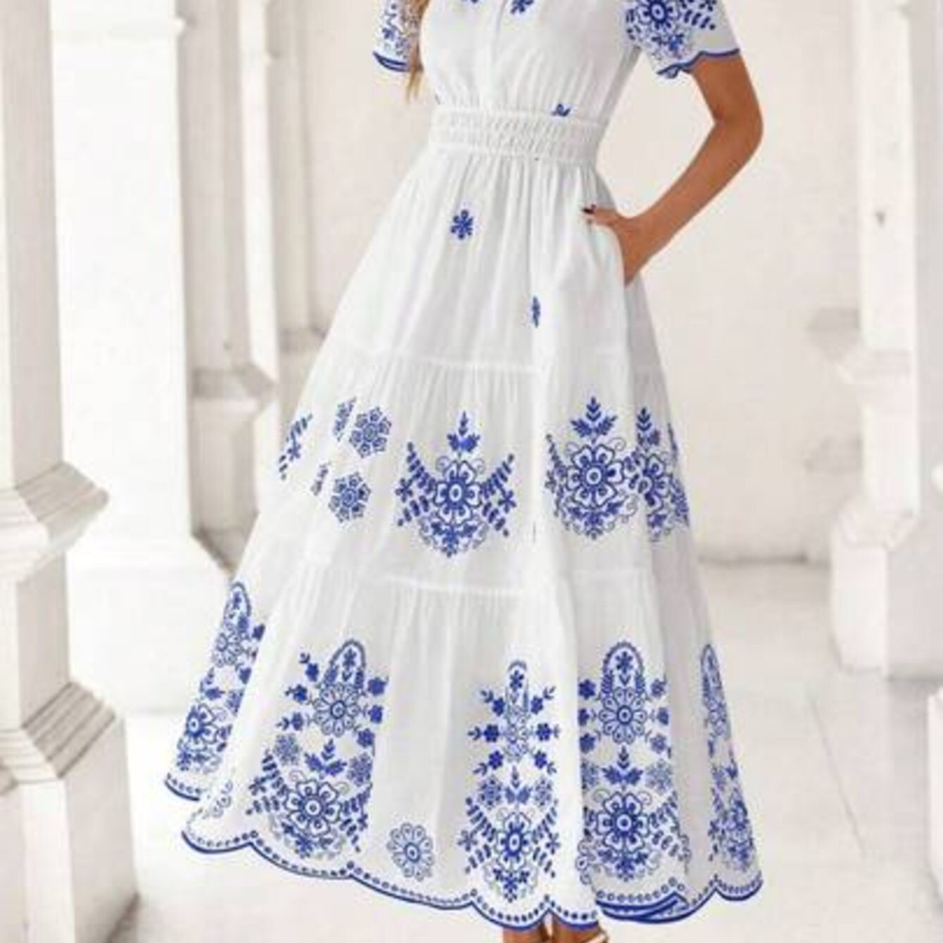 Spring Summer New Arrival Women'S Bohemian Dress Casual Floral Short Sleeve V-Neck Maxi Style with Elastic High Waist
