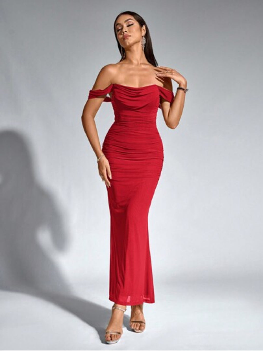 PARTHEA Women's Off-Shoulder Mermaid Maxi Dress with Ruffle Hem - Sleeveless Fitted Party Wedding Guest Dress, Solid Color Elegant -Length Dress Suitable for Prom, Special Occasions, Machine Washable