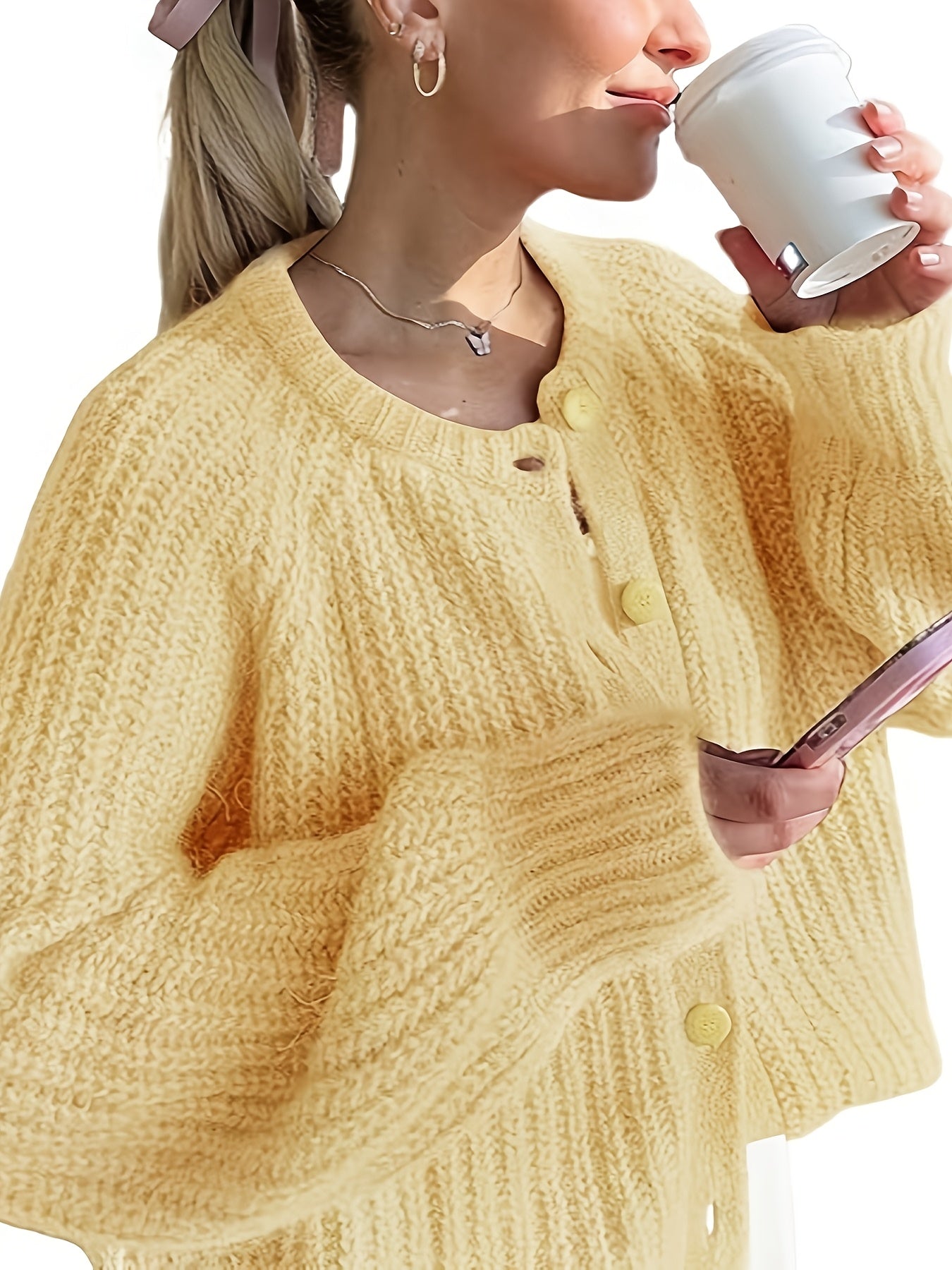 HERTALK Women's Elegant Sweater, Solid Color Round Neck, Fashion Buttoned Cardigan