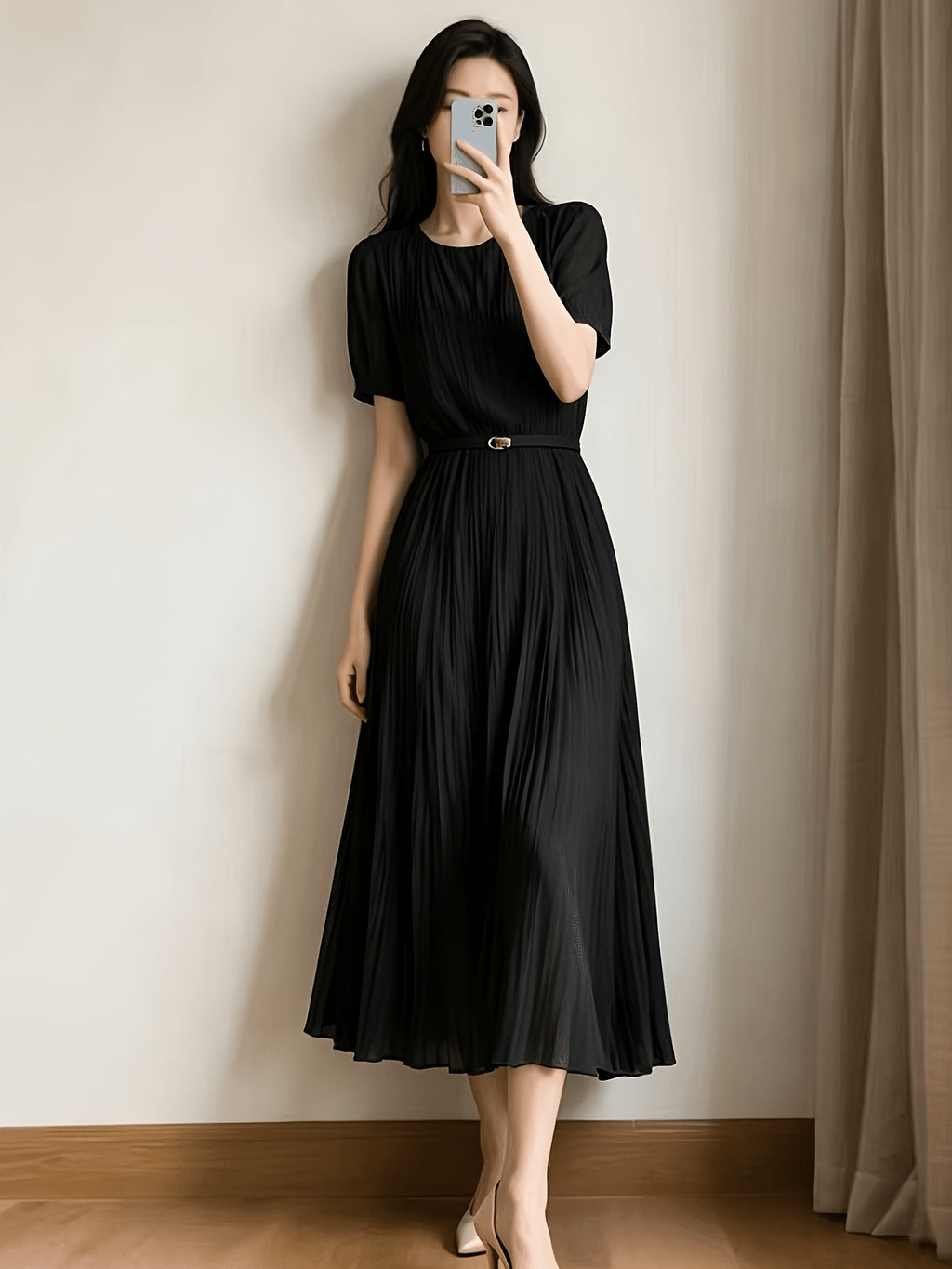 Ladies Temperament Fashion Pleated Solid Color Dress Includes Belt Party Holiday Chiffon Dress