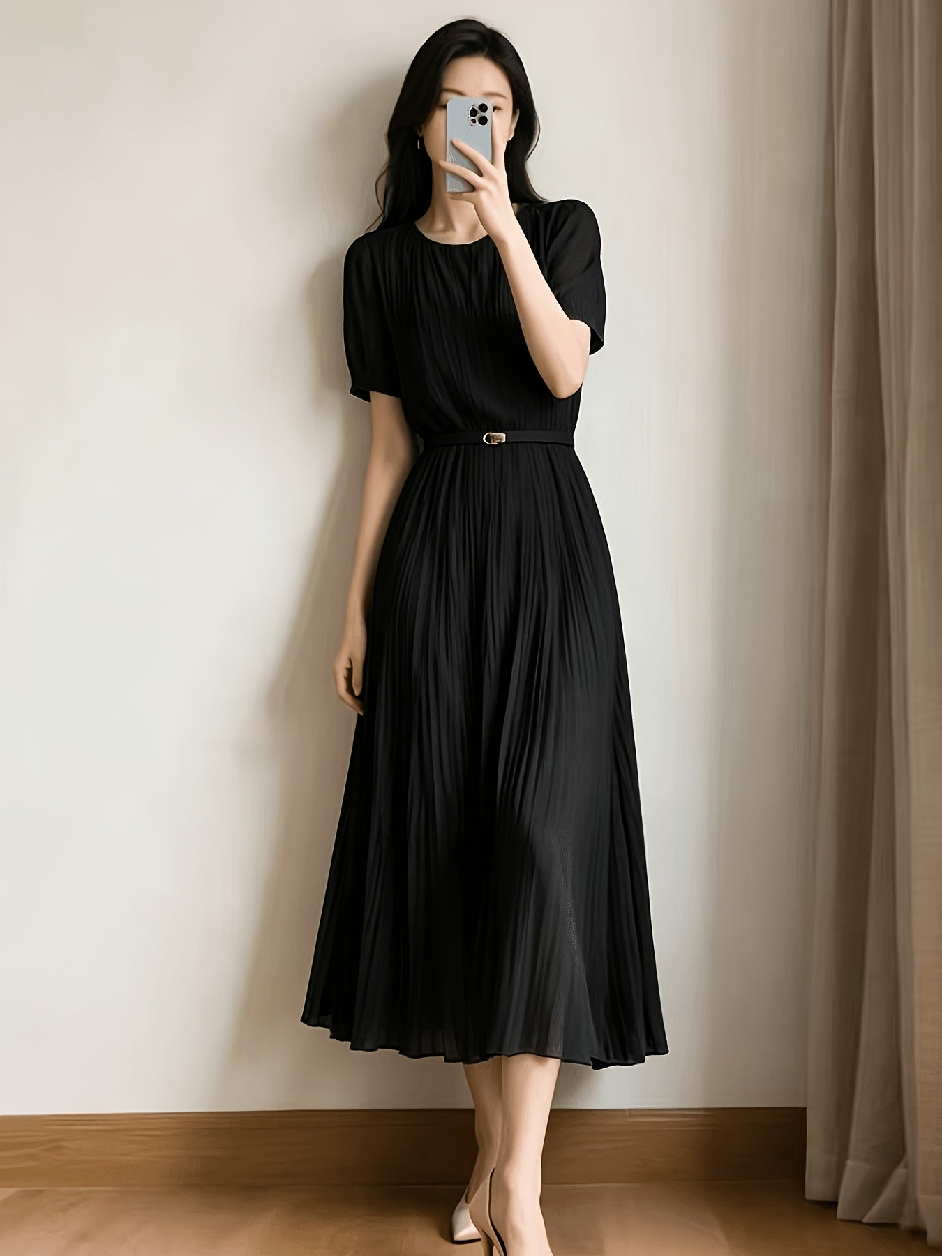 Ladies Temperament Fashion Pleated Solid Color Dress Includes Belt Party Holiday Chiffon Dress