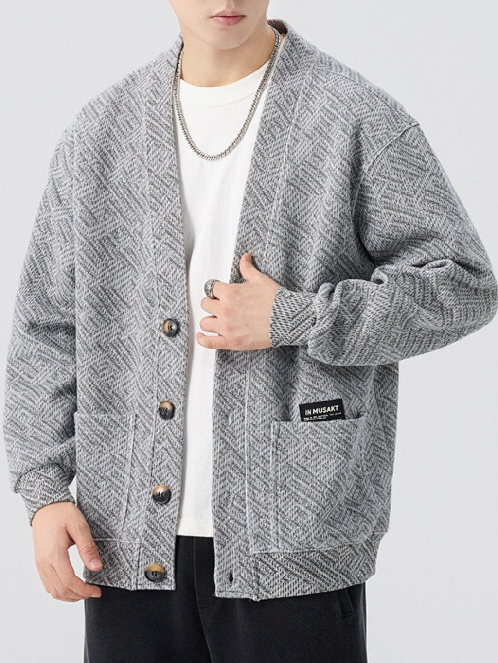 Grey Herringbone Knit Cardigan Oversized V Neck Button Front Sweater Streetwear Relaxed Top for Cafe And Campus Style