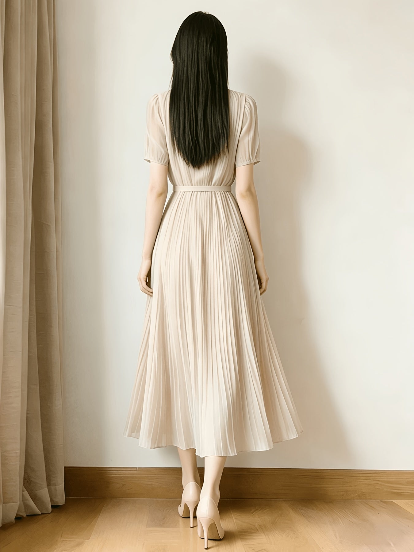 Ladies Temperament Fashion Pleated Solid Color Dress Includes Belt Party Holiday Chiffon Dress
