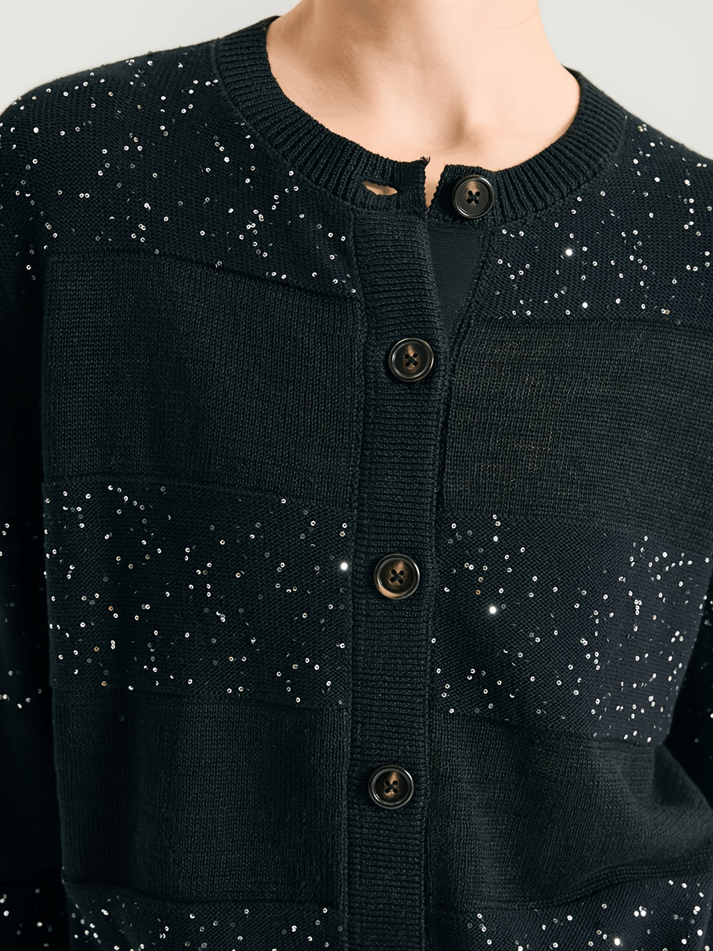 BD4611453 100% Linen Sequin Cardigan for Women, Elegant Open Front Long Sleeve Jacket with Scattered Paillette Detail, Lightweight Breathable Knitwear for Party & Office