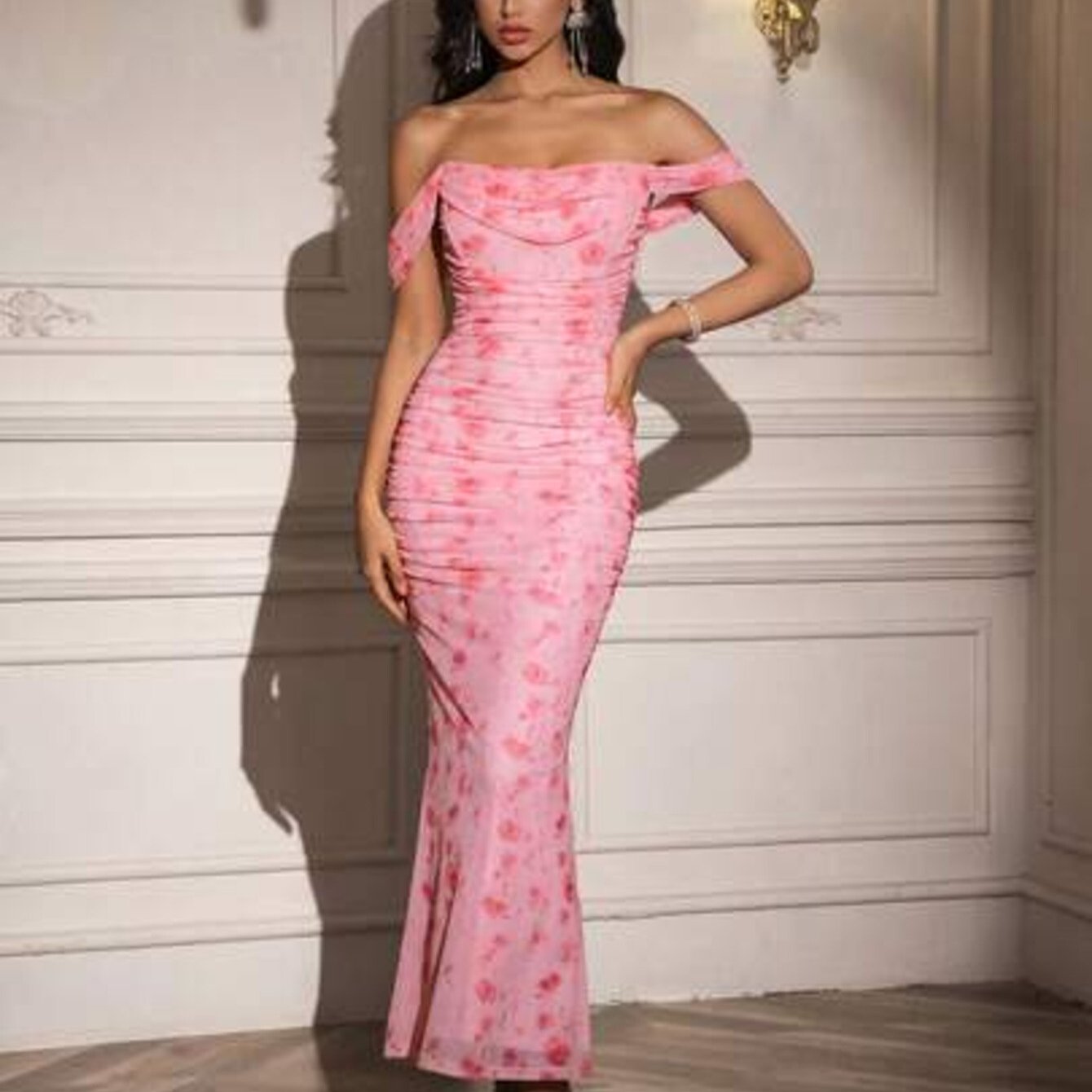 PARTHEA Women's Off-Shoulder Mermaid Maxi Dress with Ruffle Hem - Sleeveless Fitted Party Wedding Guest Dress, Solid Color Elegant -Length Dress Suitable for Prom, Special Occasions, Machine Washable