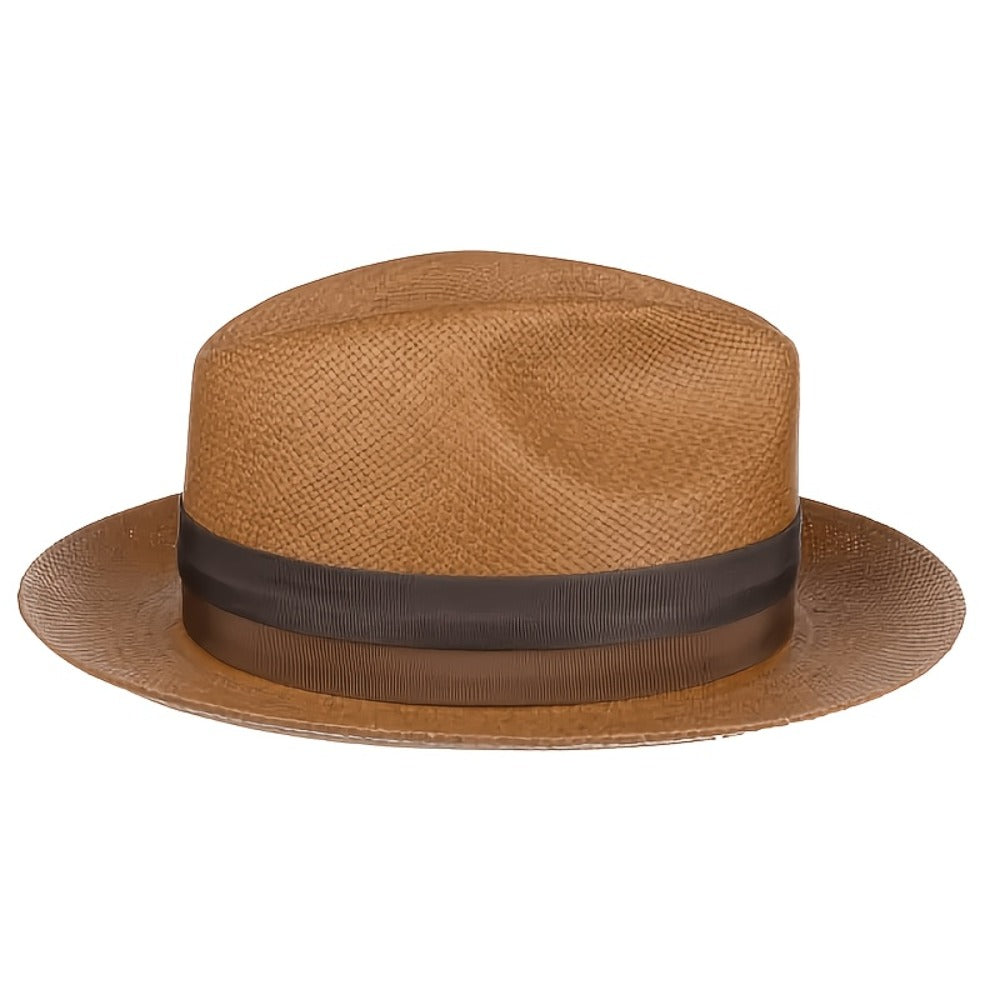 Unisex Straw Fedora Hat - Classic Panama-Style Summer Beach Sun Hat Featuring a Wide Brim And Two-Tone Grosgrain Ribbon; Breathable And Stylish Trilby Silhouette, Ideal for Travel And Outdoor Activities - Whiskey Brown