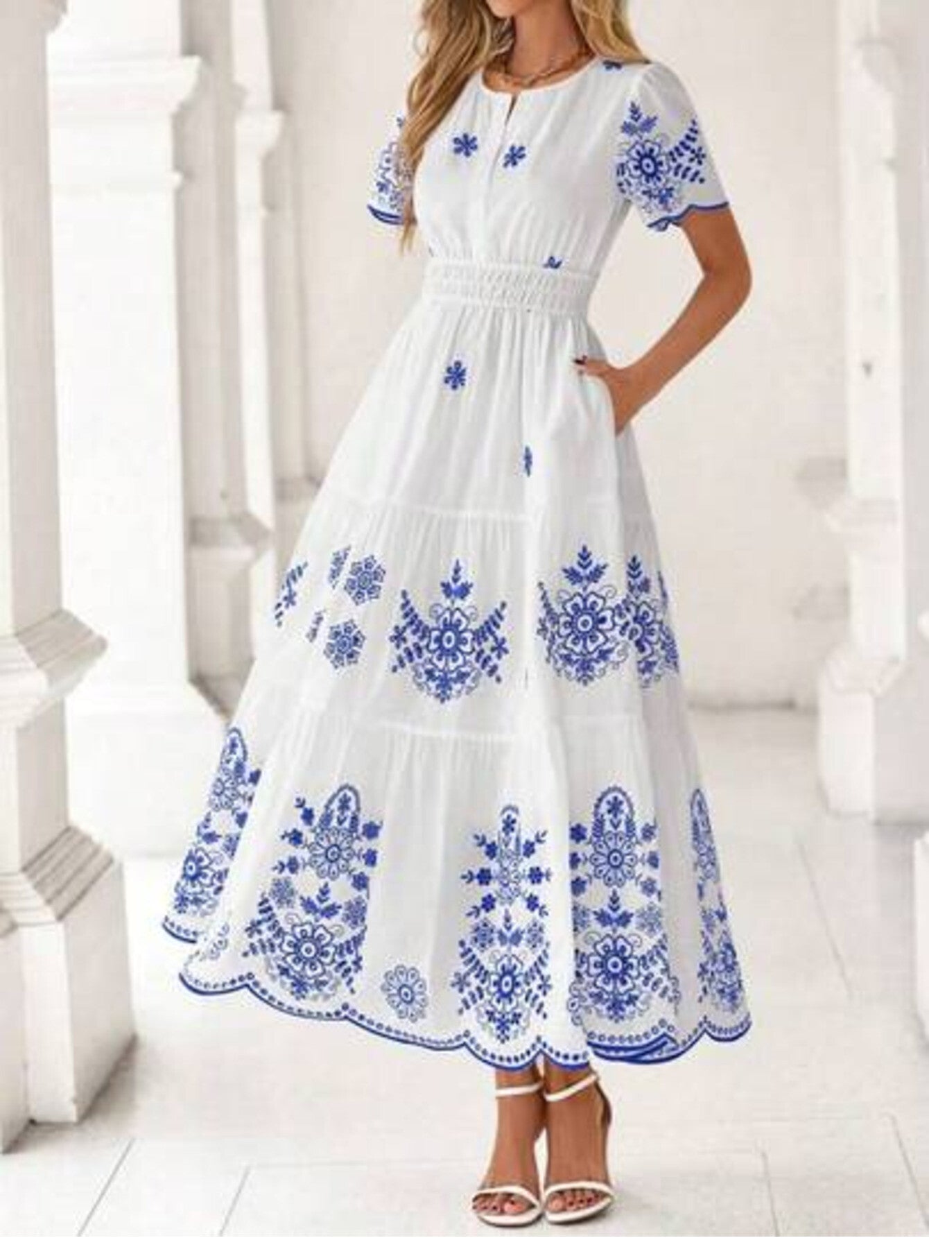 Spring Summer New Arrival Women'S Bohemian Dress Casual Floral Short Sleeve V-Neck Maxi Style with Elastic High Waist