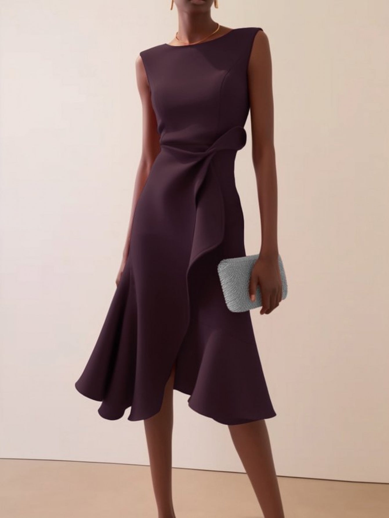 Women'S Sleeveless Midi Dress, Round Neck with Side Tie Knot Detail, Ruffle Wrap Flounce Hem, Elegant A-Line Silhouette, Perfect for Weddings, Cocktail Parties, Evening Events And Special Occasions, Chic And Sophisticated