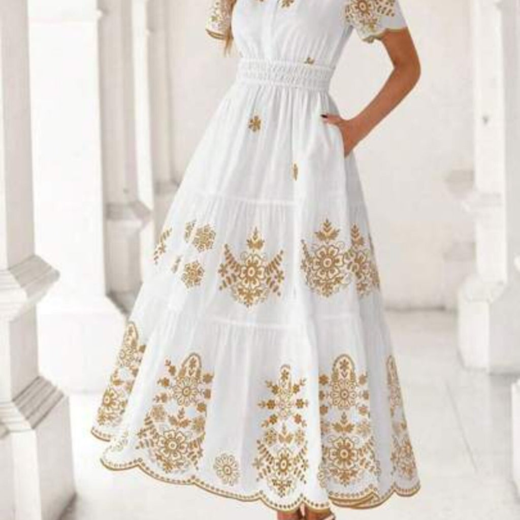 Spring Summer New Arrival Women'S Bohemian Dress Casual Floral Short Sleeve V-Neck Maxi Style with Elastic High Waist