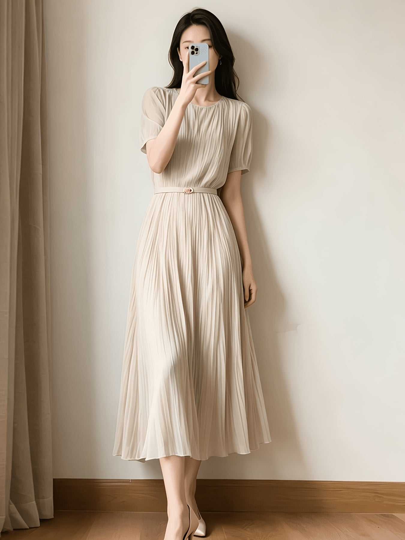 Ladies Temperament Fashion Pleated Solid Color Dress Includes Belt Party Holiday Chiffon Dress