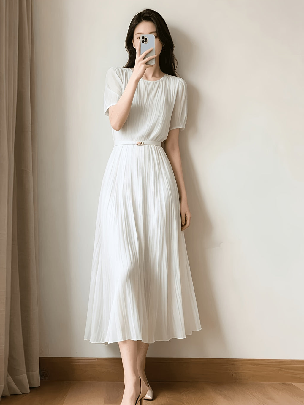 Ladies Temperament Fashion Pleated Solid Color Dress Includes Belt Party Holiday Chiffon Dress