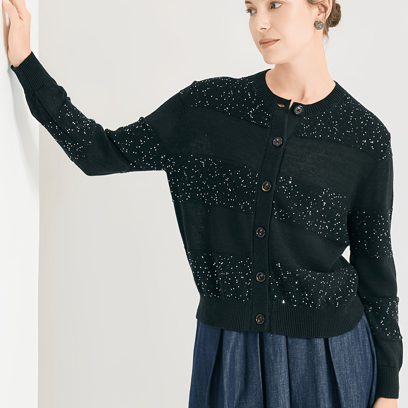 BD4611453 100% Linen Sequin Cardigan for Women, Elegant Open Front Long Sleeve Jacket with Scattered Paillette Detail, Lightweight Breathable Knitwear for Party & Office