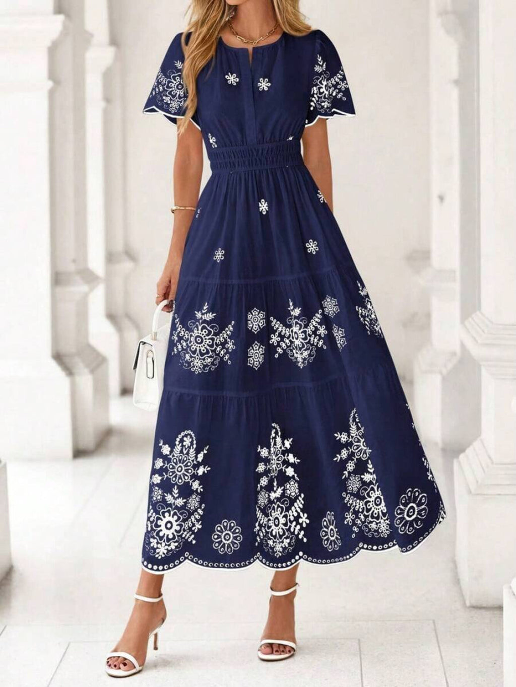 Spring Summer New Arrival Women'S Bohemian Dress Casual Floral Short Sleeve V-Neck Maxi Style with Elastic High Waist