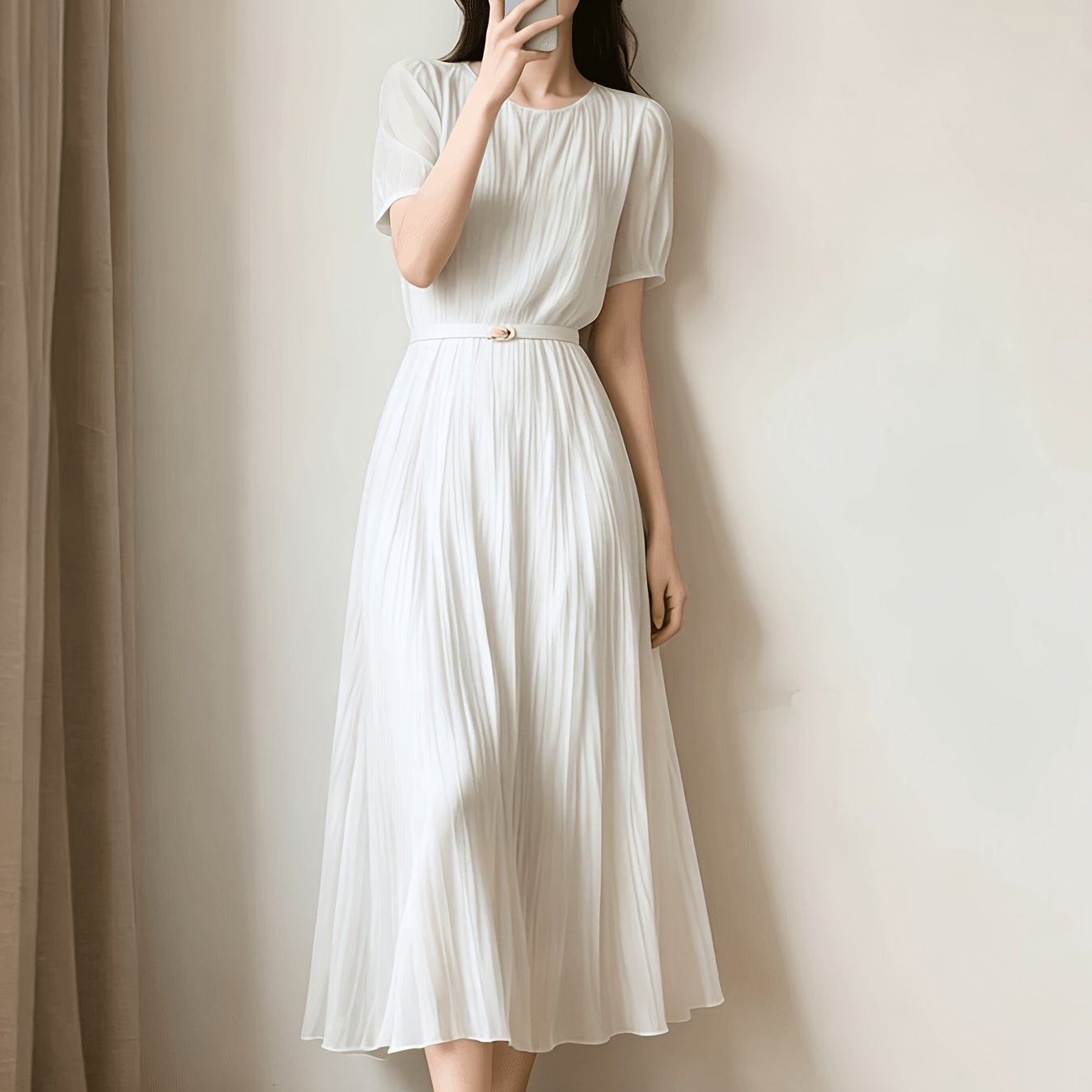 Ladies Temperament Fashion Pleated Solid Color Dress Includes Belt Party Holiday Chiffon Dress