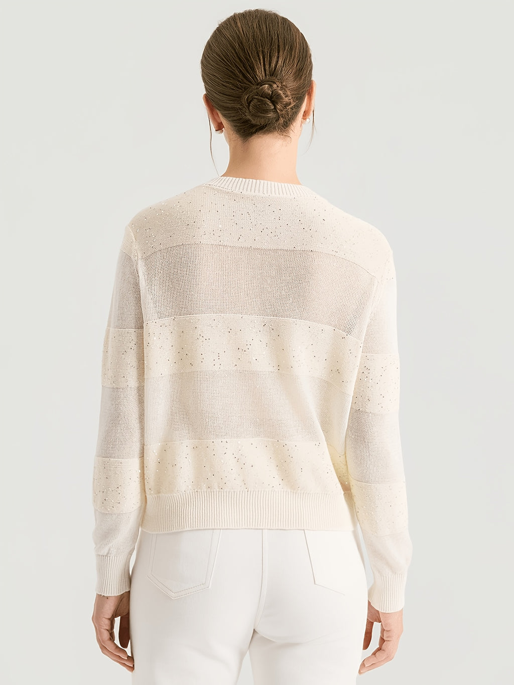 BD4611453 100% Linen Sequin Cardigan for Women, Elegant Open Front Long Sleeve Jacket with Scattered Paillette Detail, Lightweight Breathable Knitwear for Party & Office