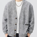 Grey Herringbone Knit Cardigan Oversized V Neck Button Front Sweater Streetwear Relaxed Top for Cafe And Campus Style