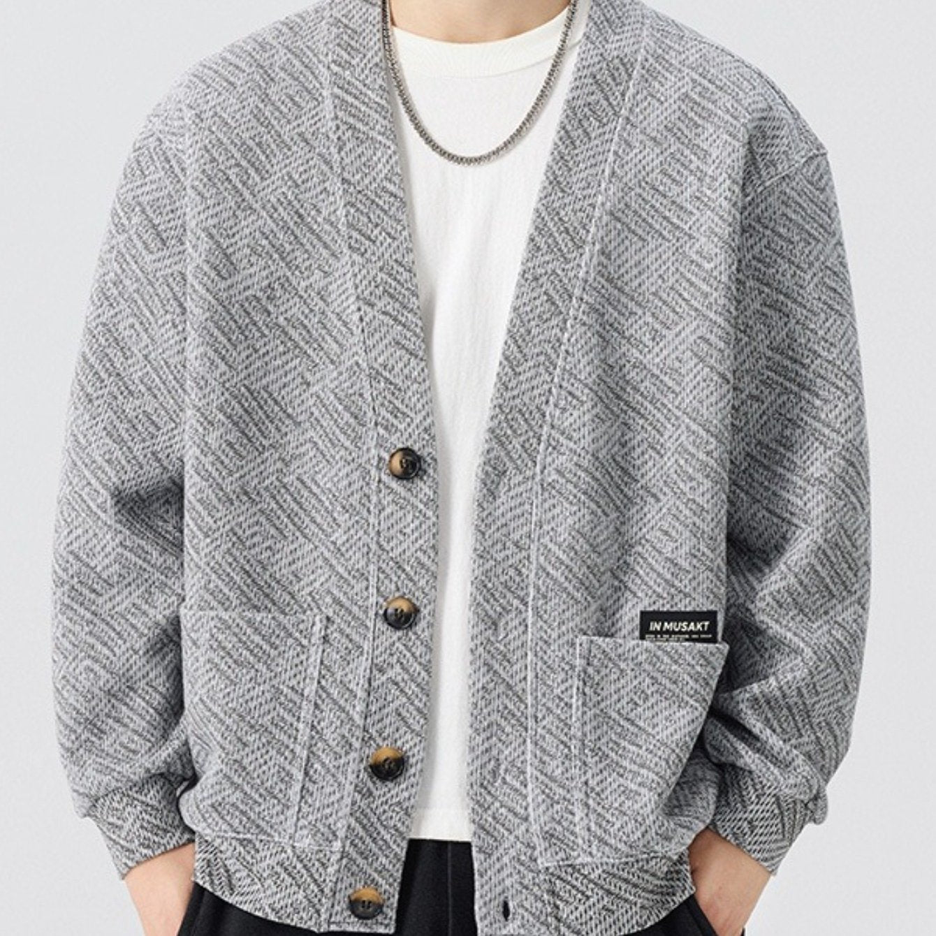 Grey Herringbone Knit Cardigan Oversized V Neck Button Front Sweater Streetwear Relaxed Top for Cafe And Campus Style