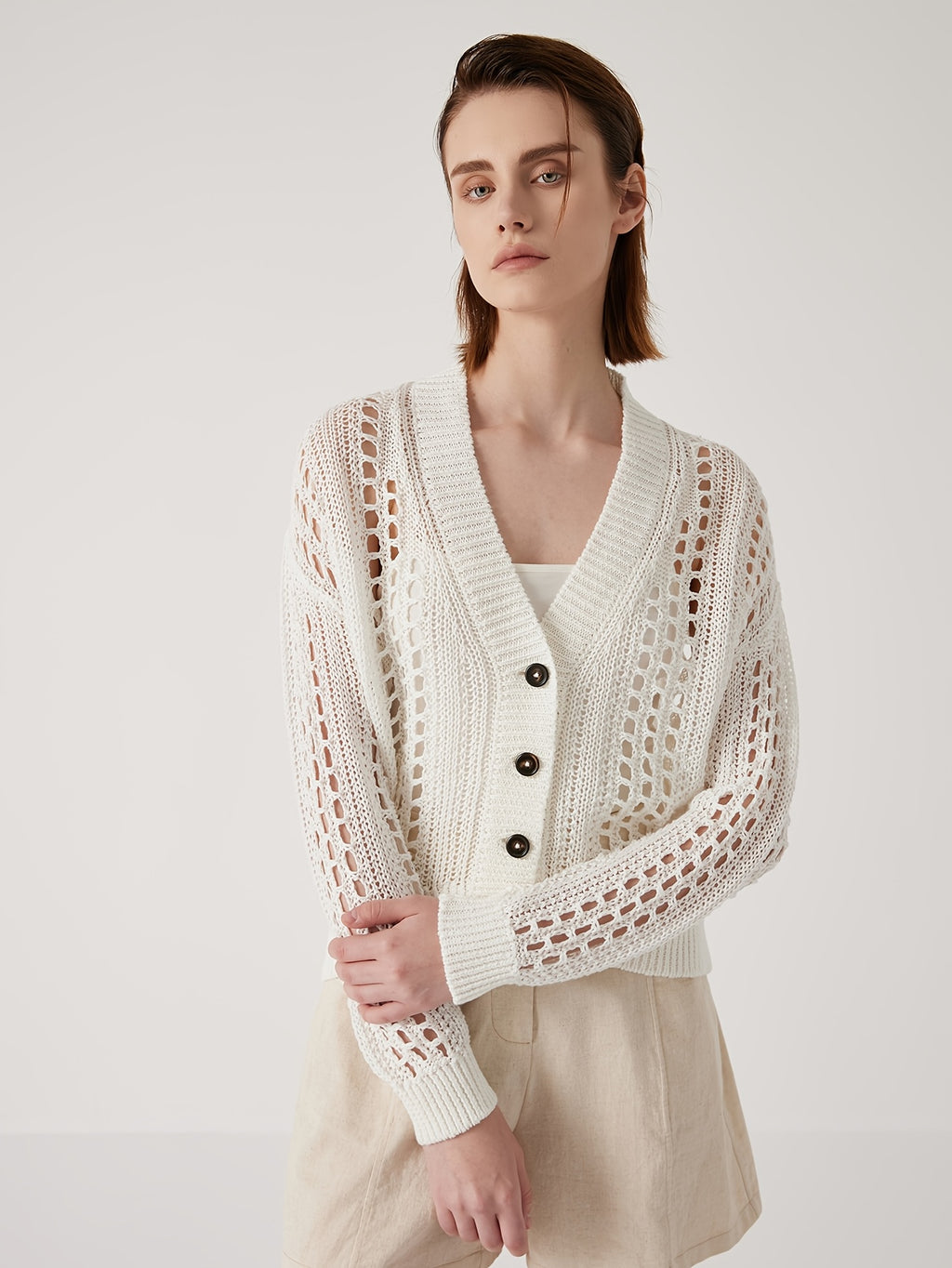 BC1121 Luxury Women's Clothing Summer 100% Linen Open Cardigan V-Neck Button Front Lightweight Breathable Cover Up for Beach Vacation & Outdoor