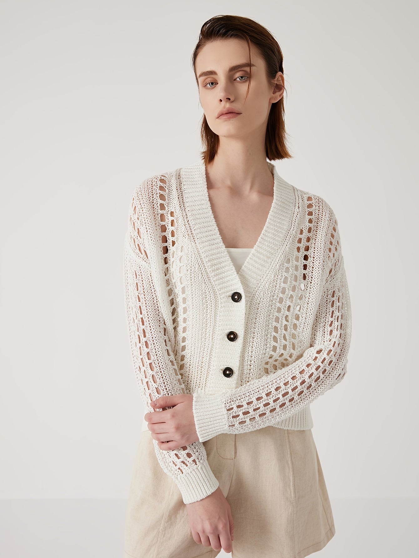 BC1121 Luxury Women's Clothing Summer 100% Linen Open Cardigan V-Neck Button Front Lightweight Breathable Cover Up for Beach Vacation & Outdoor