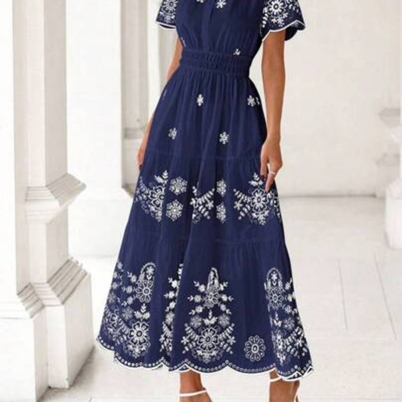 Spring Summer New Arrival Women'S Bohemian Dress Casual Floral Short Sleeve V-Neck Maxi Style with Elastic High Waist