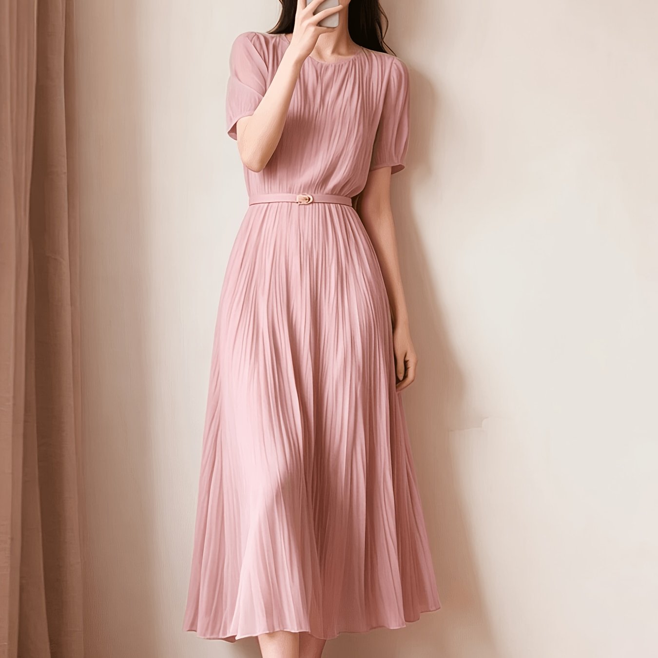 Ladies Temperament Fashion Pleated Solid Color Dress Includes Belt Party Holiday Chiffon Dress