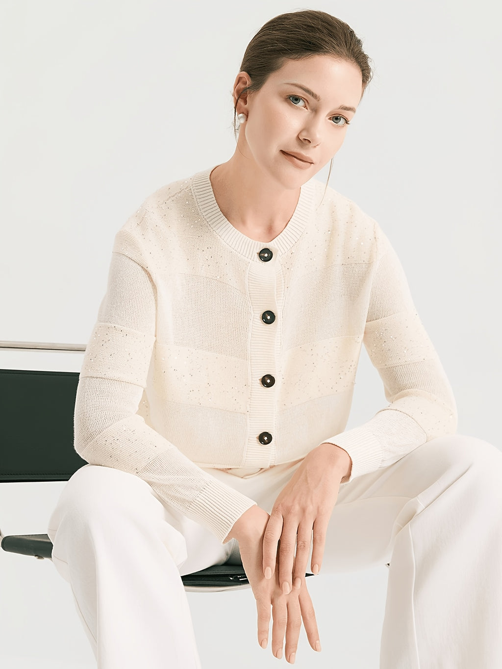 BD4611453 100% Linen Sequin Cardigan for Women, Elegant Open Front Long Sleeve Jacket with Scattered Paillette Detail, Lightweight Breathable Knitwear for Party & Office
