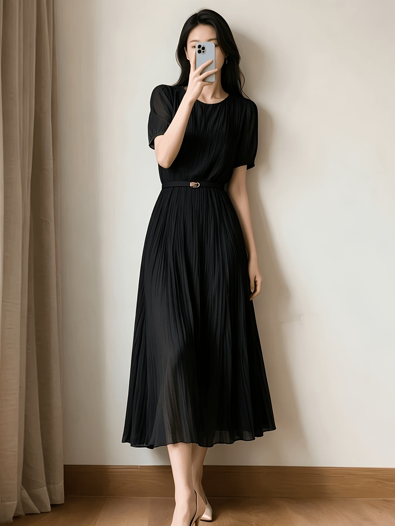 Ladies Temperament Fashion Pleated Solid Color Dress Includes Belt Party Holiday Chiffon Dress