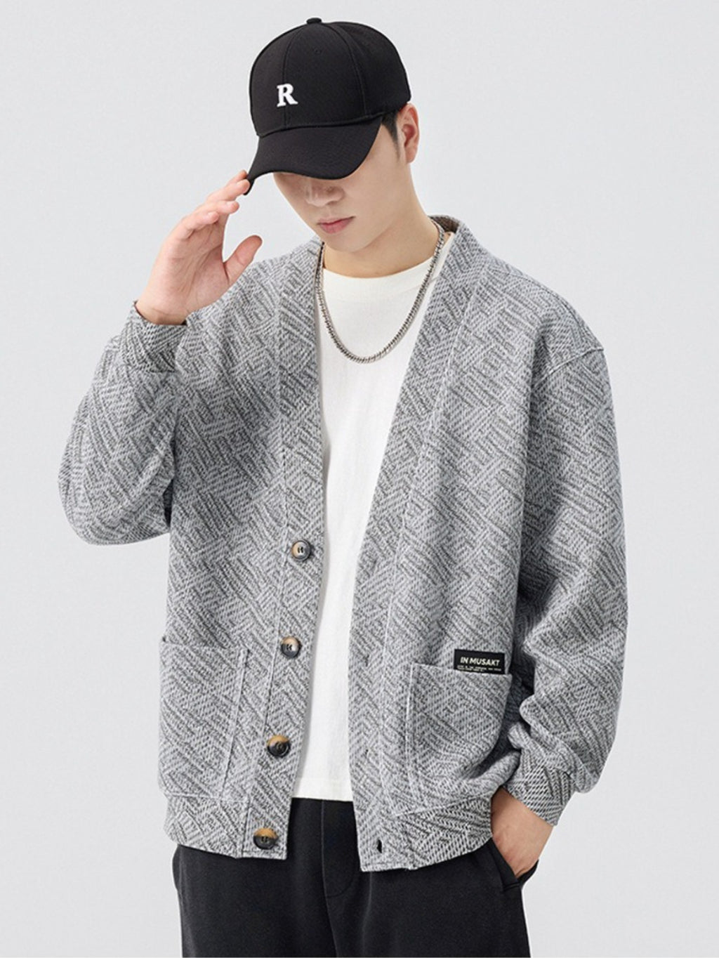 Grey Herringbone Knit Cardigan Oversized V Neck Button Front Sweater Streetwear Relaxed Top for Cafe And Campus Style