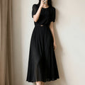 Ladies Temperament Fashion Pleated Solid Color Dress Includes Belt Party Holiday Chiffon Dress