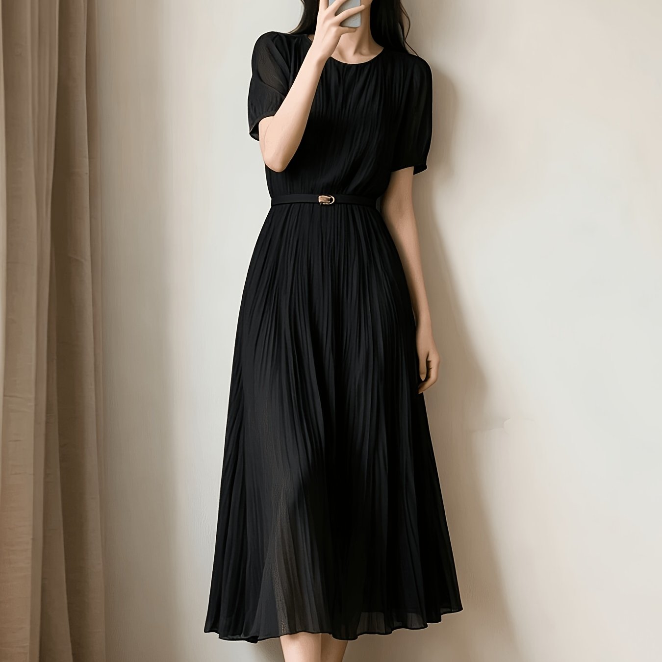 Ladies Temperament Fashion Pleated Solid Color Dress Includes Belt Party Holiday Chiffon Dress