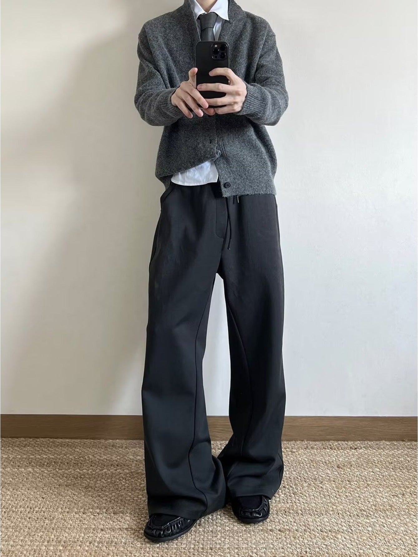Teen Youth Men Retro Knit Cardigan Dark Gray Cashmere Mock Neck Cleanfit Style Loose Fit Versatile Minimalist Knit Jacket for Commute And Daily Outfits