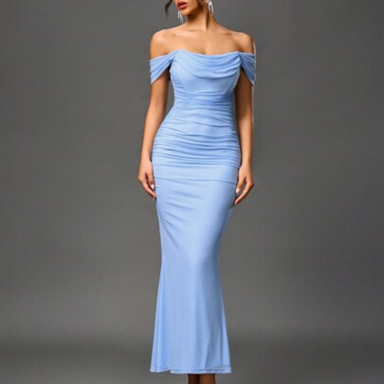 PARTHEA Women's Off-Shoulder Mermaid Maxi Dress with Ruffle Hem - Sleeveless Fitted Party Wedding Guest Dress, Solid Color Elegant -Length Dress Suitable for Prom, Special Occasions, Machine Washable