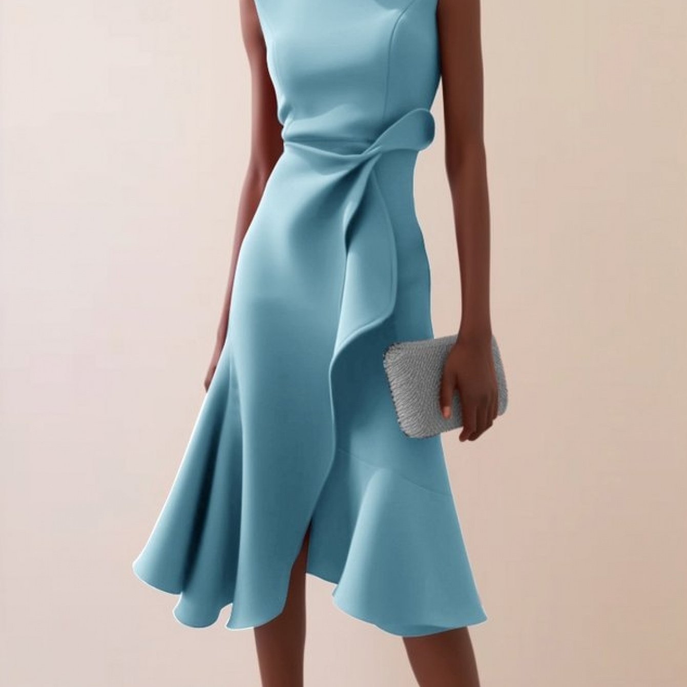 Women'S Sleeveless Midi Dress, Round Neck with Side Tie Knot Detail, Ruffle Wrap Flounce Hem, Elegant A-Line Silhouette, Perfect for Weddings, Cocktail Parties, Evening Events And Special Occasions, Chic And Sophisticated