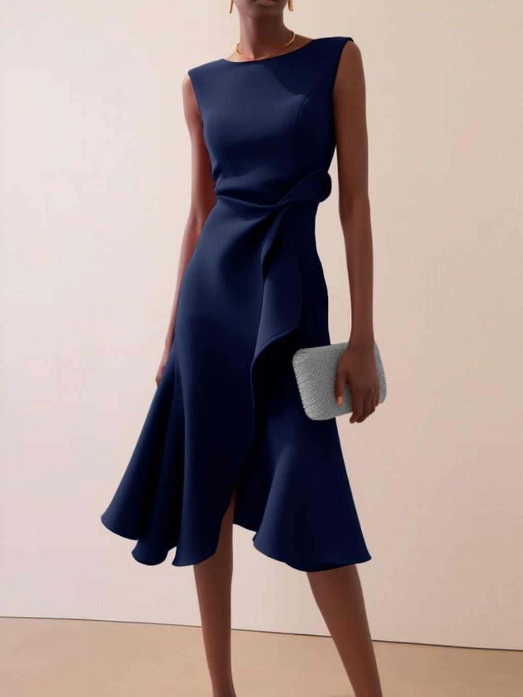 Women'S Sleeveless Midi Dress, Round Neck with Side Tie Knot Detail, Ruffle Wrap Flounce Hem, Elegant A-Line Silhouette, Perfect for Weddings, Cocktail Parties, Evening Events And Special Occasions, Chic And Sophisticated