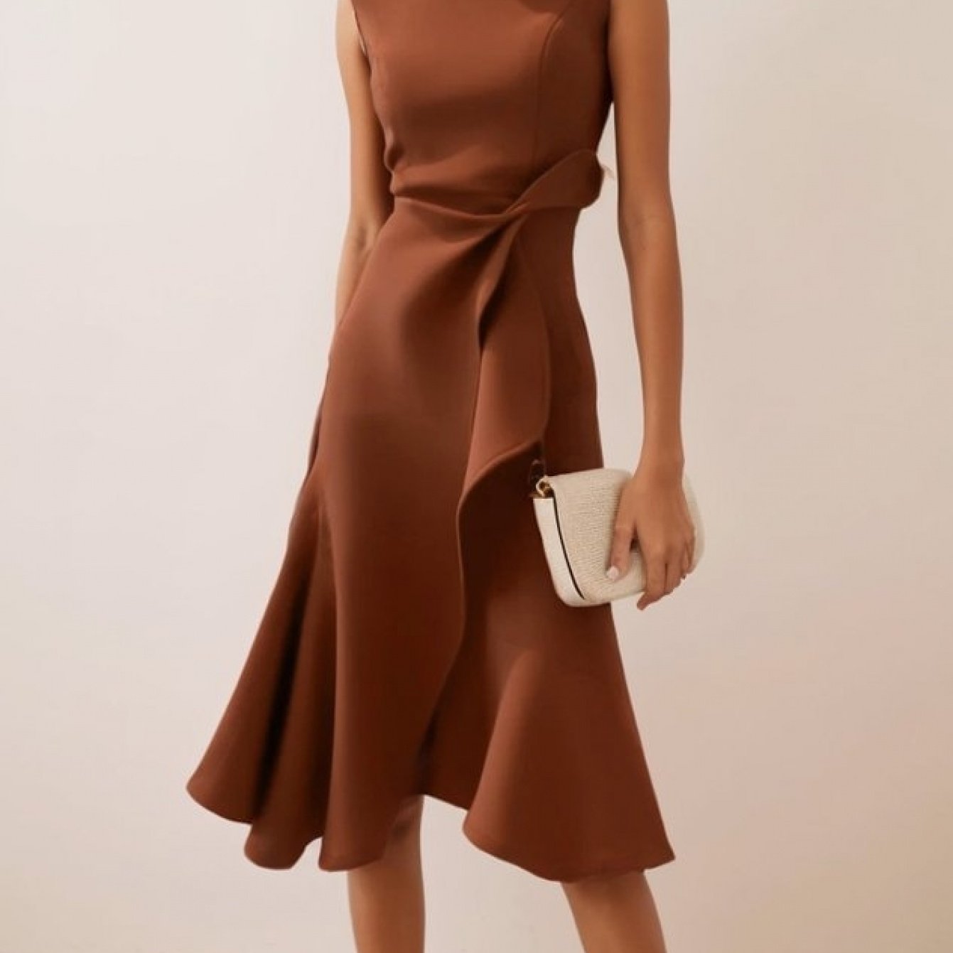 Women'S Sleeveless Midi Dress, Round Neck with Side Tie Knot Detail, Ruffle Wrap Flounce Hem, Elegant A-Line Silhouette, Perfect for Weddings, Cocktail Parties, Evening Events And Special Occasions, Chic And Sophisticated