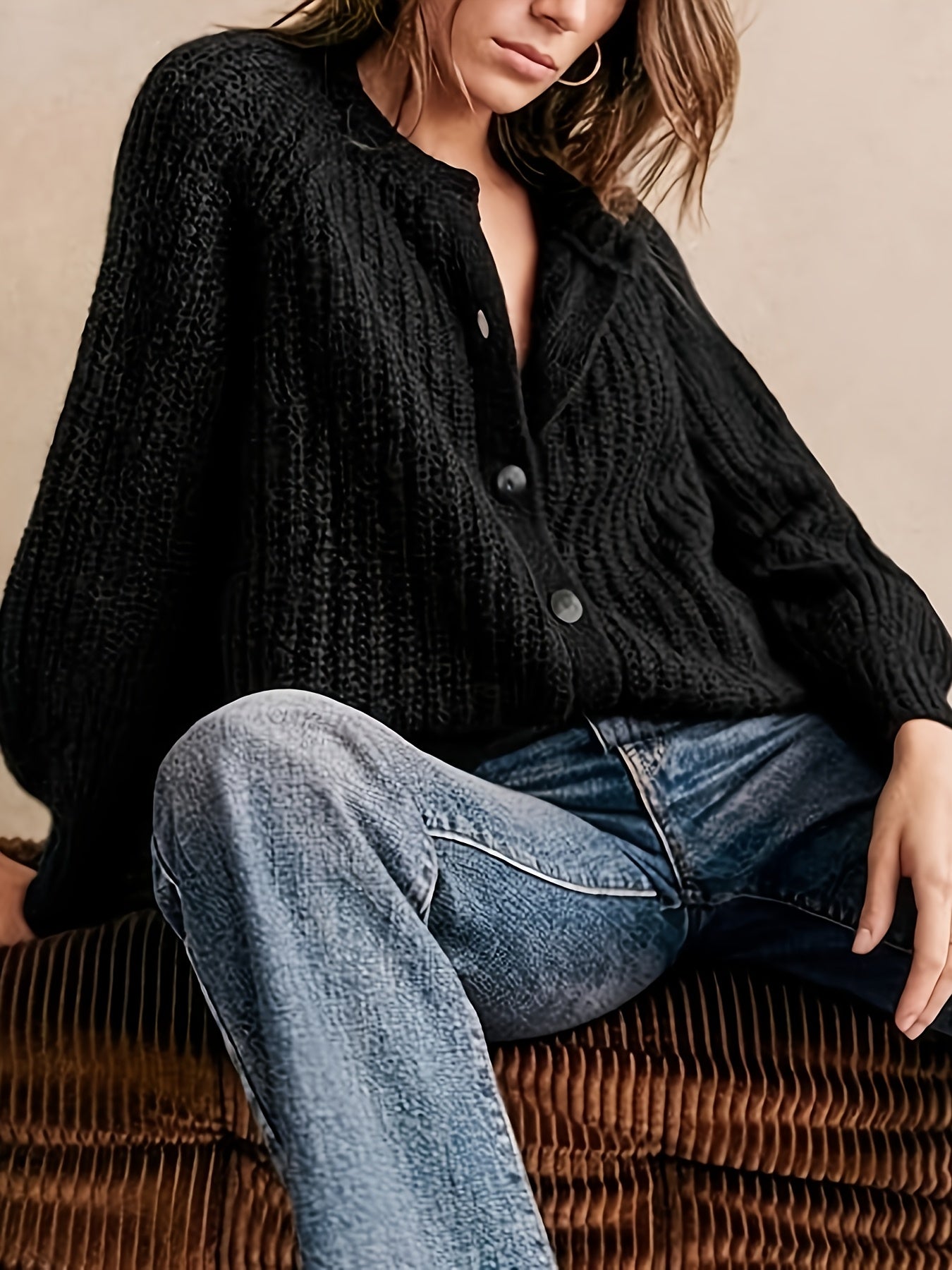 HERTALK Women's Elegant Sweater, Solid Color Round Neck, Fashion Buttoned Cardigan