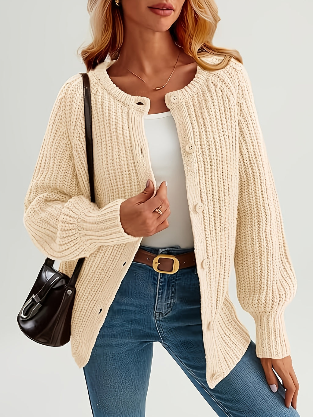 HERTALK Women's Elegant Sweater, Solid Color Round Neck, Fashion Buttoned Cardigan