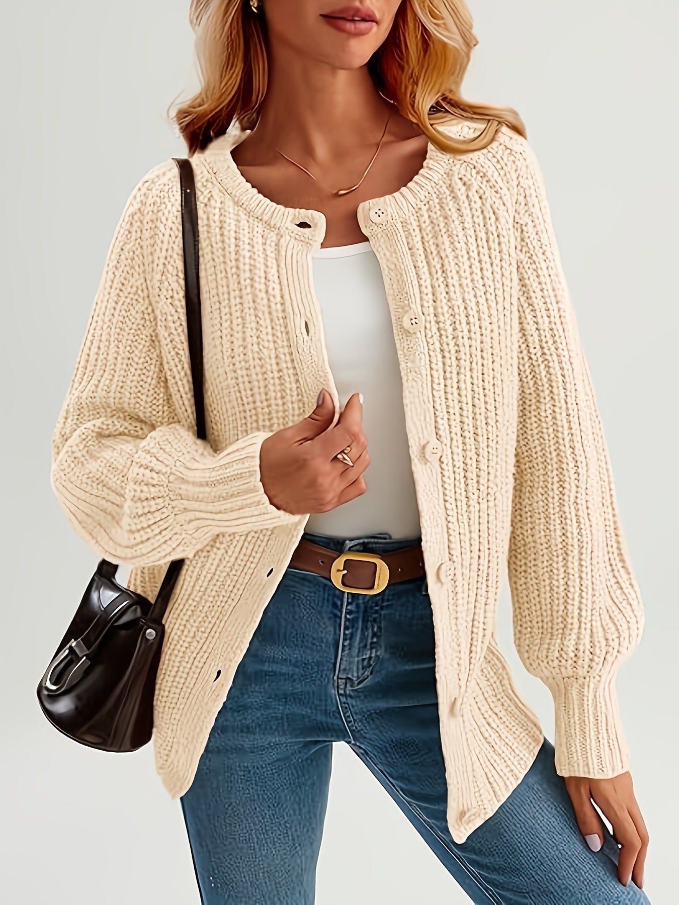 HERTALK Women's Elegant Sweater, Solid Color Round Neck, Fashion Buttoned Cardigan