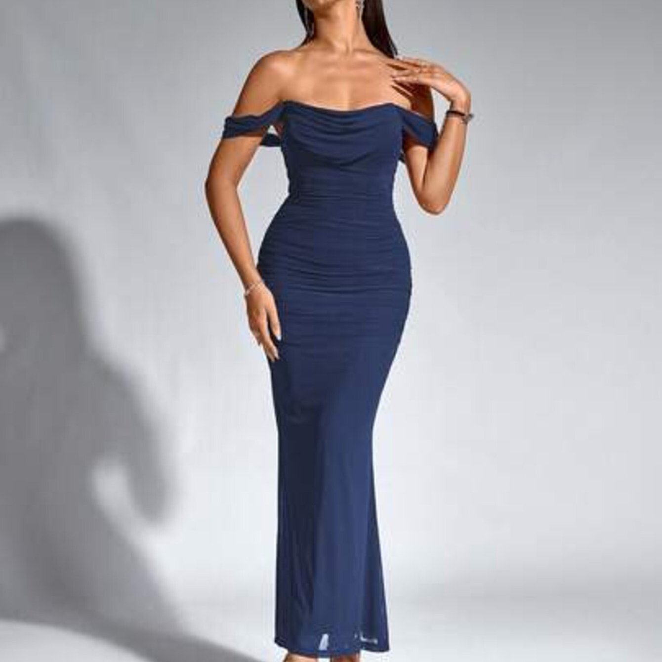 PARTHEA Women's Off-Shoulder Mermaid Maxi Dress with Ruffle Hem - Sleeveless Fitted Party Wedding Guest Dress, Solid Color Elegant -Length Dress Suitable for Prom, Special Occasions, Machine Washable