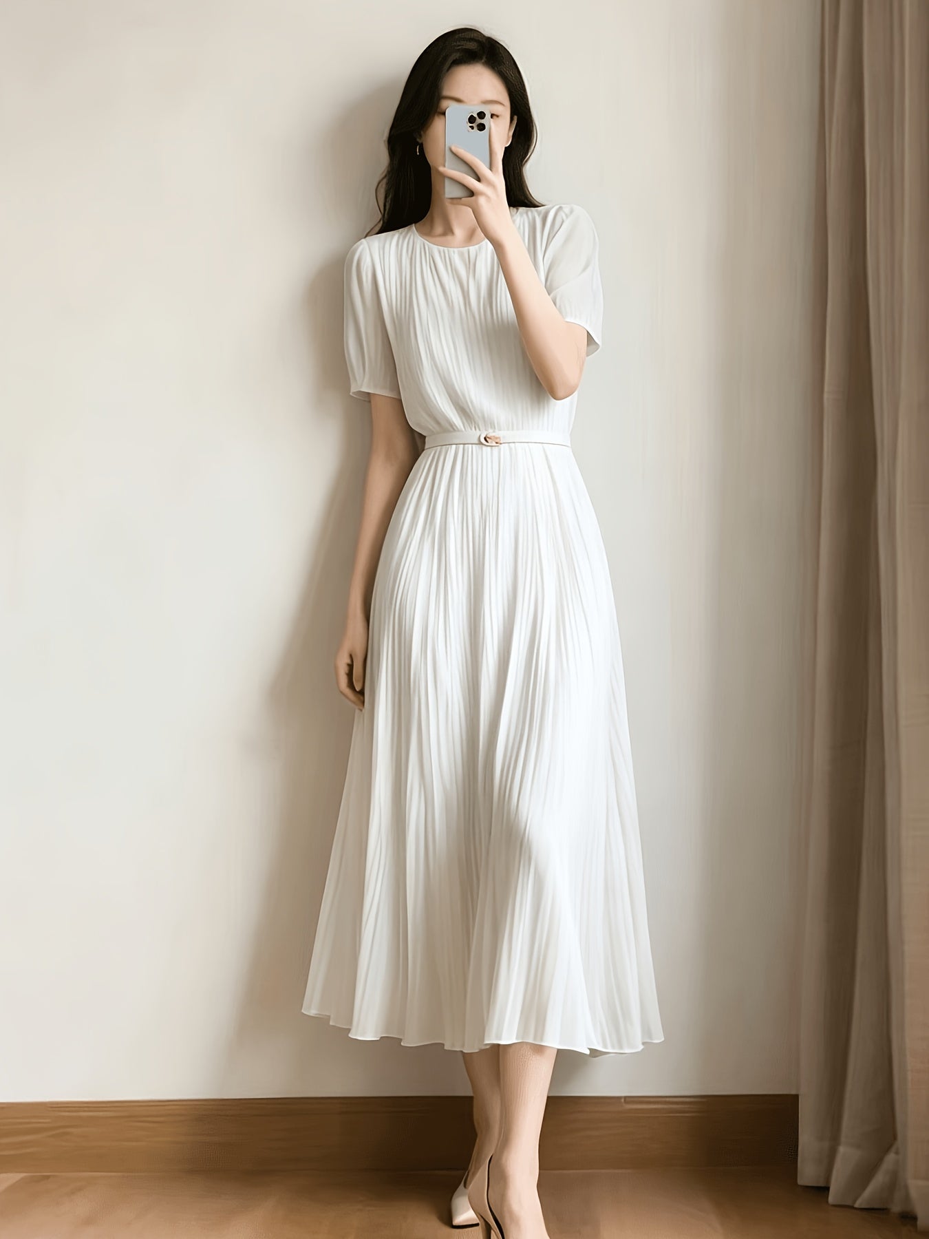 Ladies Temperament Fashion Pleated Solid Color Dress Includes Belt Party Holiday Chiffon Dress