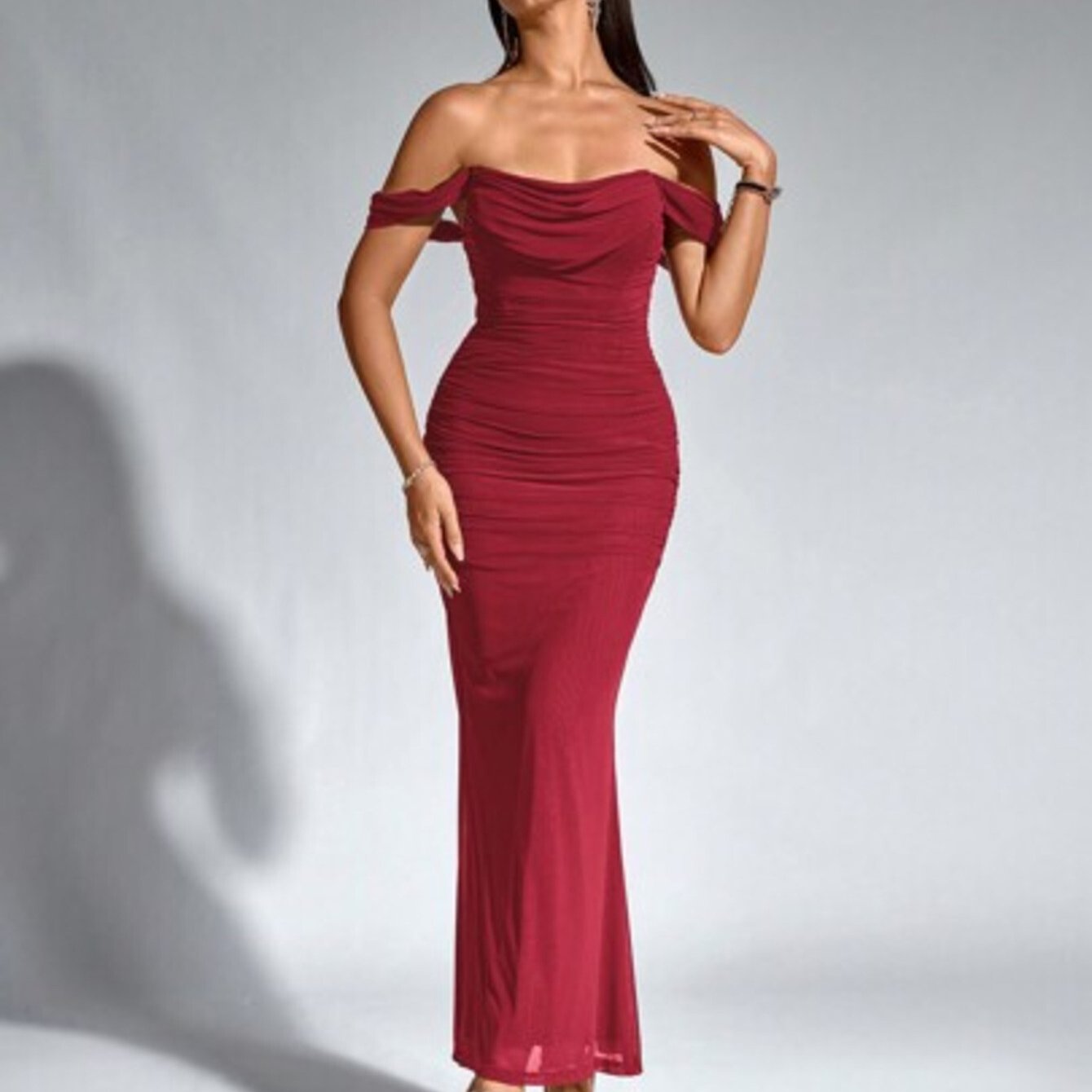 PARTHEA Women's Off-Shoulder Mermaid Maxi Dress with Ruffle Hem - Sleeveless Fitted Party Wedding Guest Dress, Solid Color Elegant -Length Dress Suitable for Prom, Special Occasions, Machine Washable