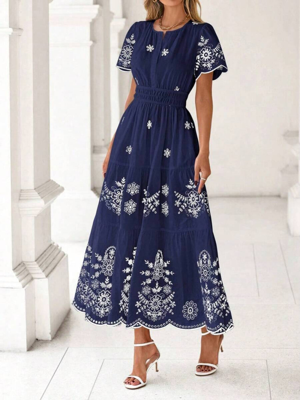 Spring Summer New Arrival Women'S Bohemian Dress Casual Floral Short Sleeve V-Neck Maxi Style with Elastic High Waist
