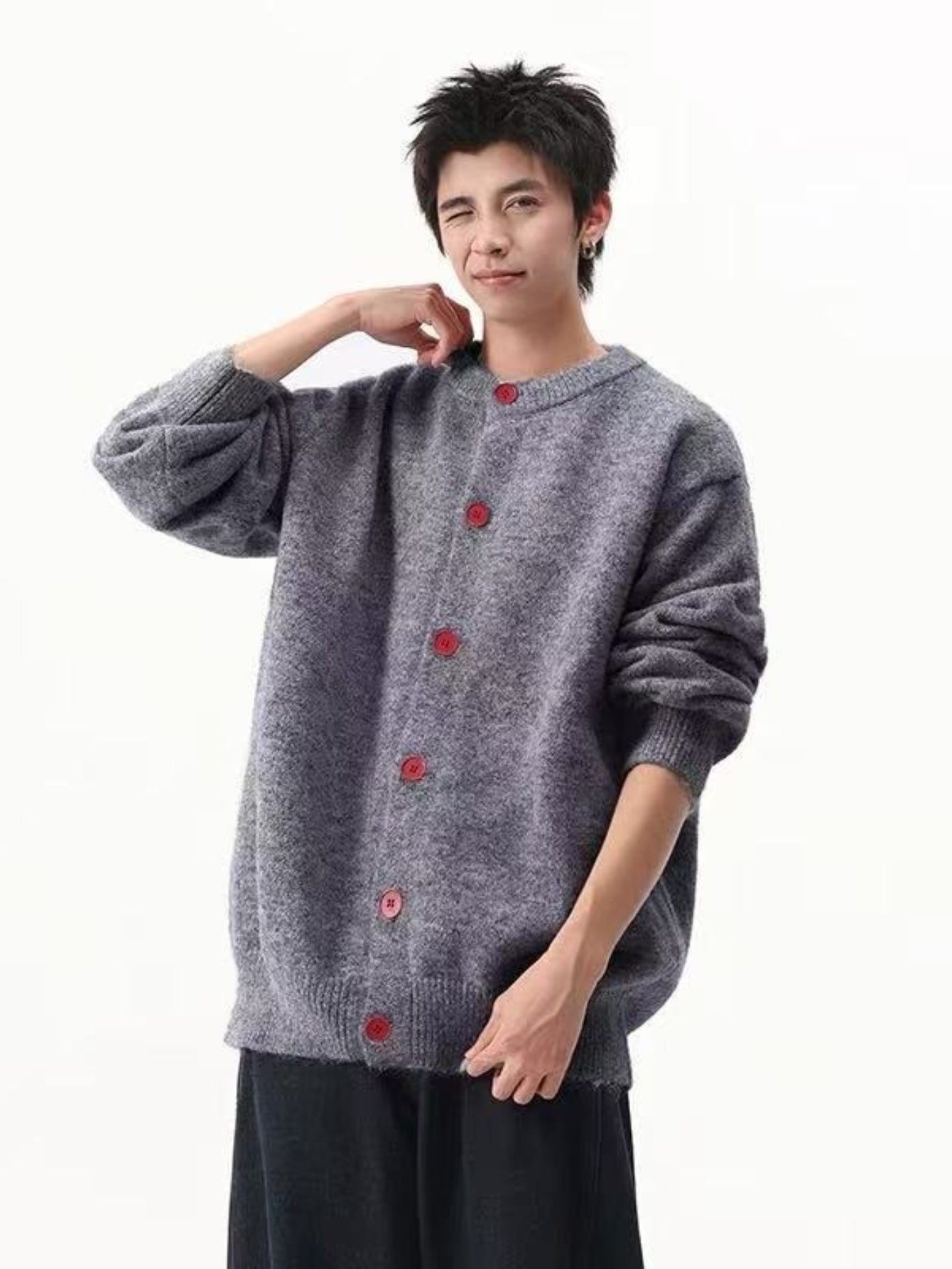Men' Vintage Button-Front Cardigan Sweater Jacket - Mustard Yellow Knit Jacket with Rust Red Buttons, Wide Fit Round Neck Suitable for Fall\u002FWinter, Smart Casual for Cafe & Daily Wear, Christmas Outfits, Non- Cozy Outerwear